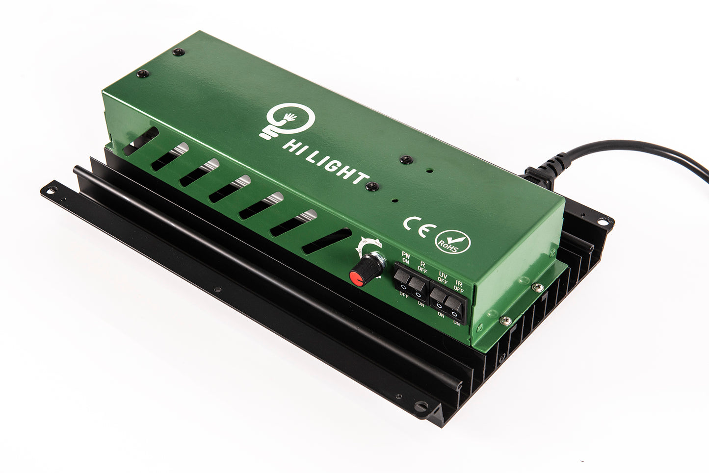 Perspektywiczny widok lampy HiLight 120W z widocznym radiatorem, pełnymi oznaczeniami i przewodem zasilającym.