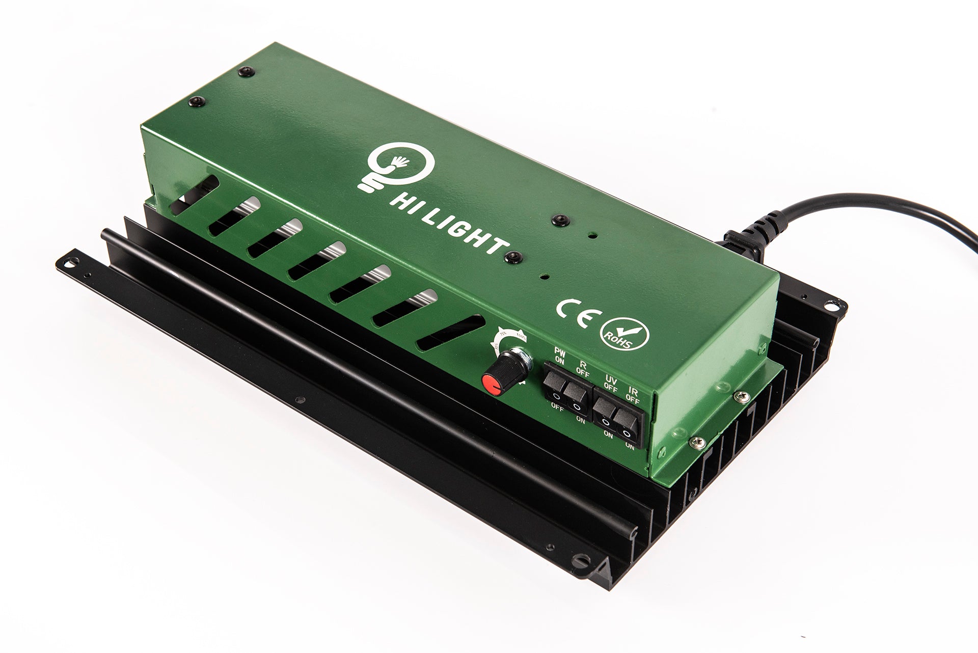 Perspektywiczny widok lampy HiLight 120W z widocznym radiatorem, pełnymi oznaczeniami i przewodem zasilającym.