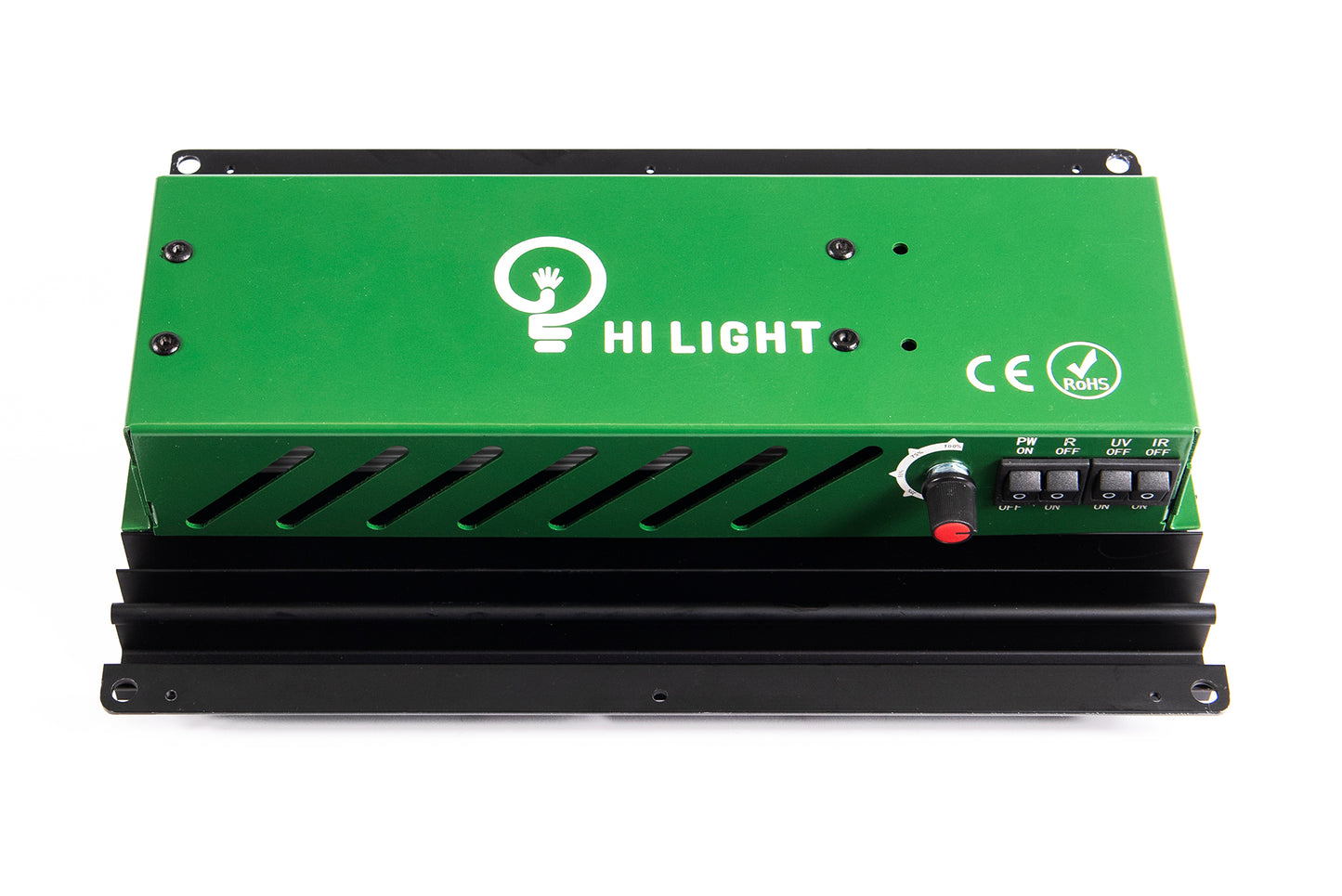 Widok z góry na obudowę lampy HiLight 120W z widocznym logo, oznaczeniem CE i ROHS.